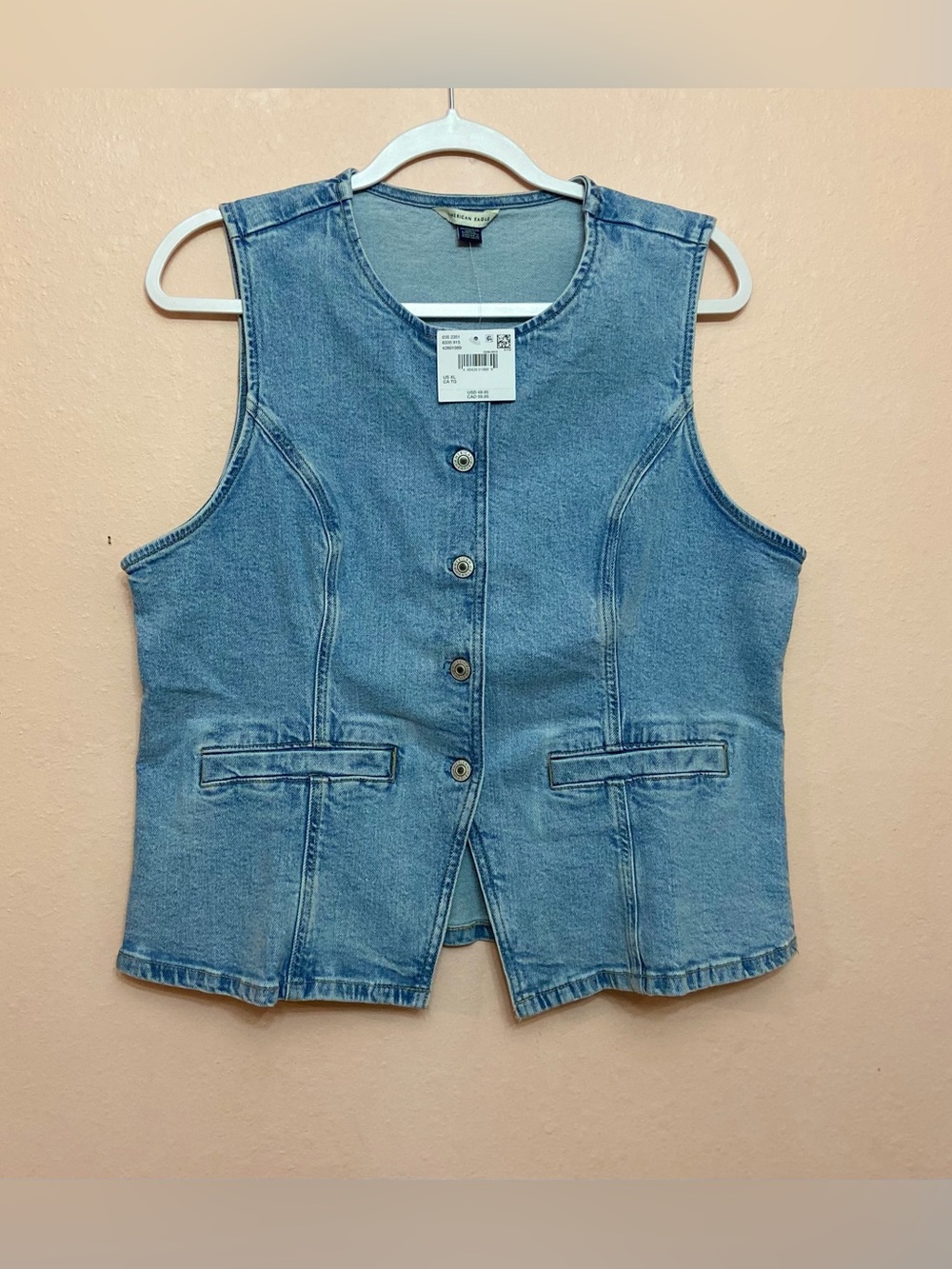 American Eagle Crew Neck Button-Up Denim Vest